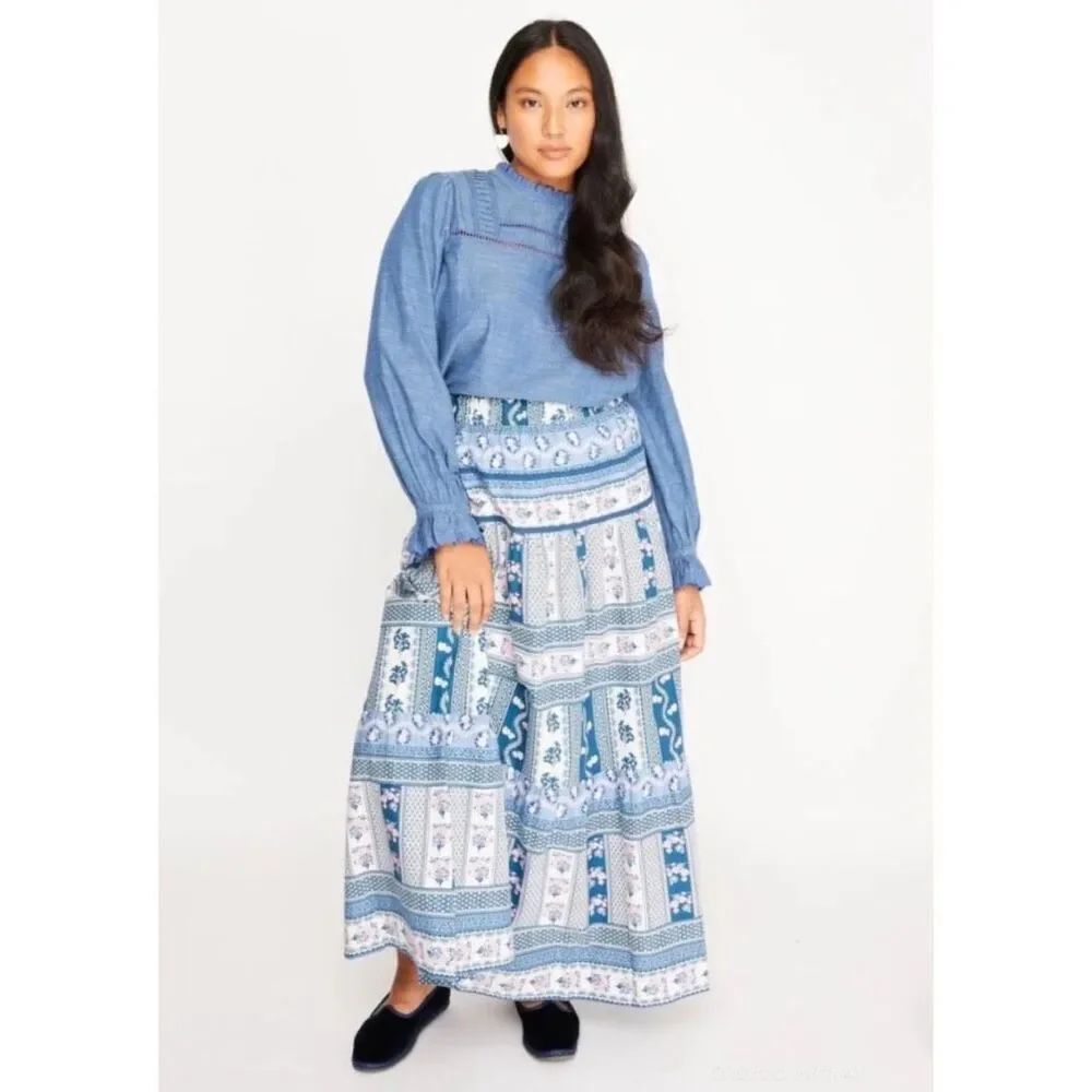 Nwt Ophelia & Indigo Edith Maxi Skirt Vintage Floral Blue Boho Block Medium — image 2 of 8